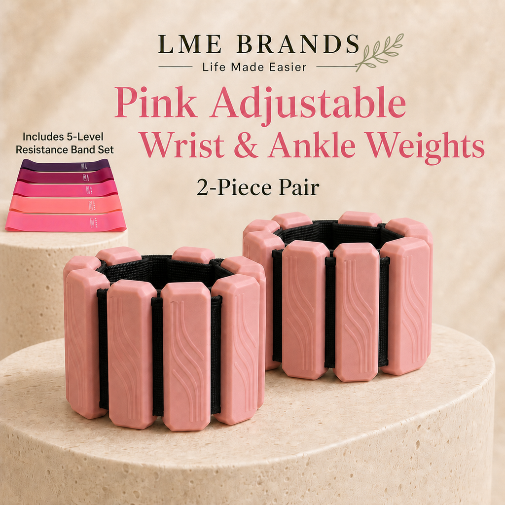 Pink Adjustable Wrist & Ankle Weights 2-Piece Pair + 5-Level Resistance Band Set, Bonus Cooling Towel