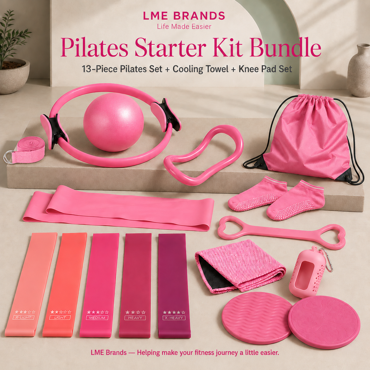 Pilates Starter Kit Bundle – 13-Piece Home Pilates Set with Ring, Exercise Ball, Resistance Bands, Grip Socks, Cooling Towel & Knee Pads