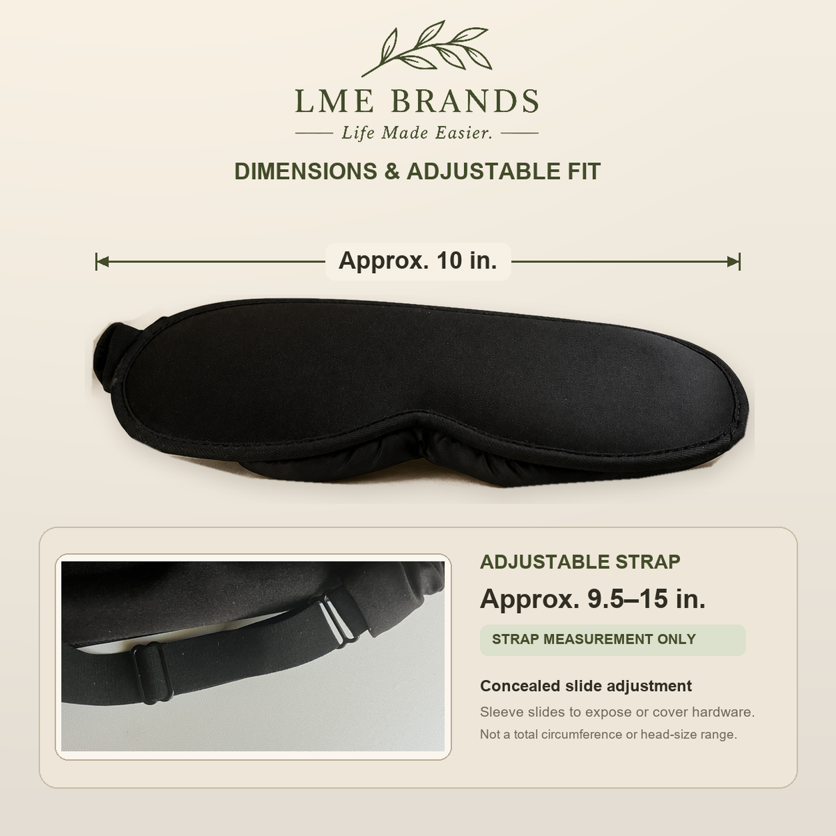 3D Contoured Sleep Eye Mask with Adjustable Concealed Slide Strap — Black