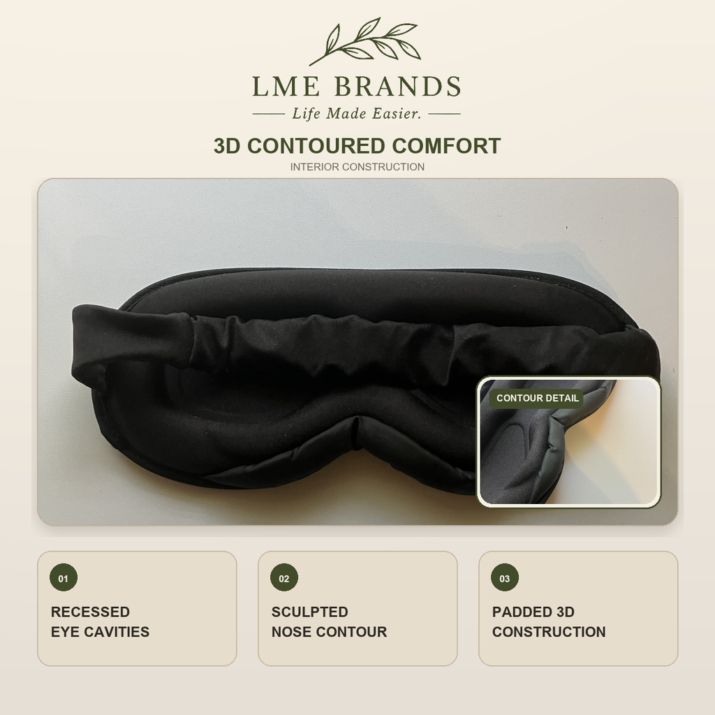 3D Contoured Sleep Eye Mask with Adjustable Concealed Slide Strap — Black