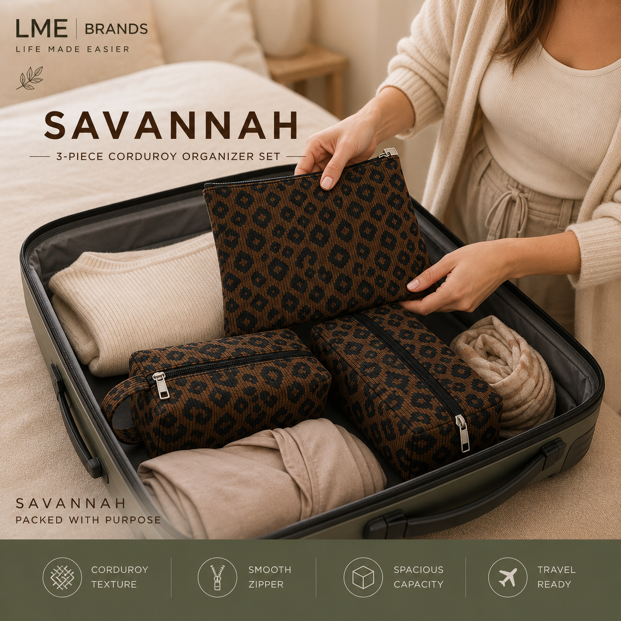 Savannah 3-Piece Corduroy Organizer Set | Cosmetic, Travel & Everyday Pouches