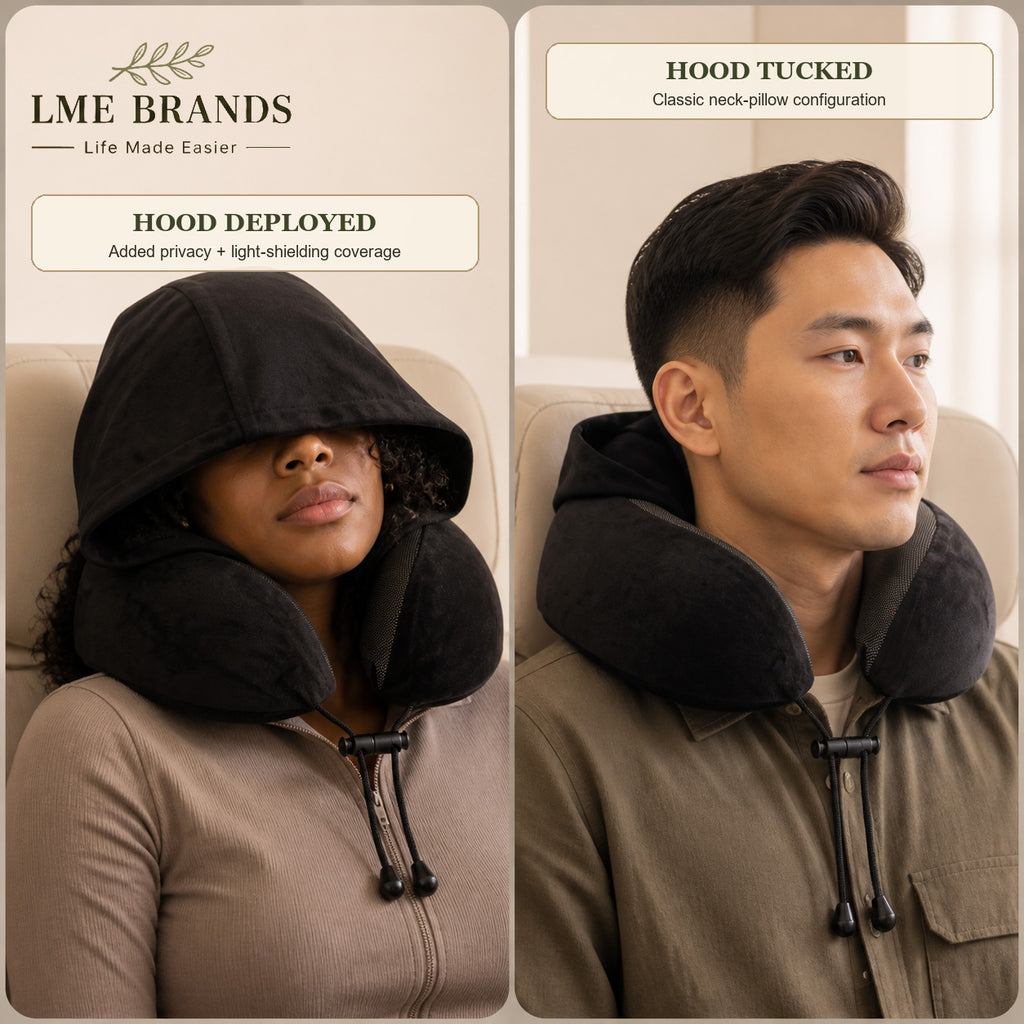 Hooded Travel Neck Pillow with Privacy Hood, Storage Bag & Sleep Mask