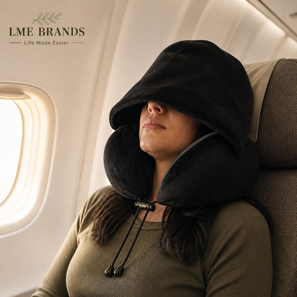 Hooded Travel Neck Pillow with Privacy Hood, Storage Bag & Sleep Mask