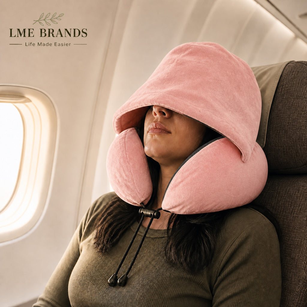 Hooded Travel Neck Pillow with Privacy Hood, Storage Bag & Sleep Mask