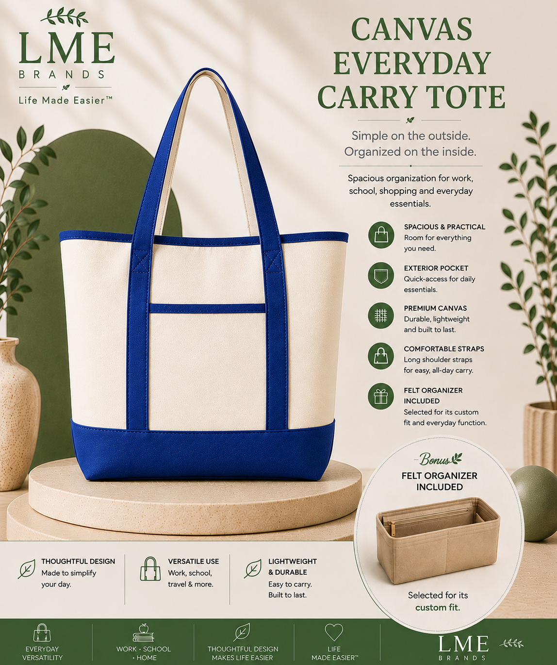 Canvas Everyday Carry Tote Bag + Zippered Organizer Bundle — Work to Studio Carry-All & Active Lifestyle Bag
