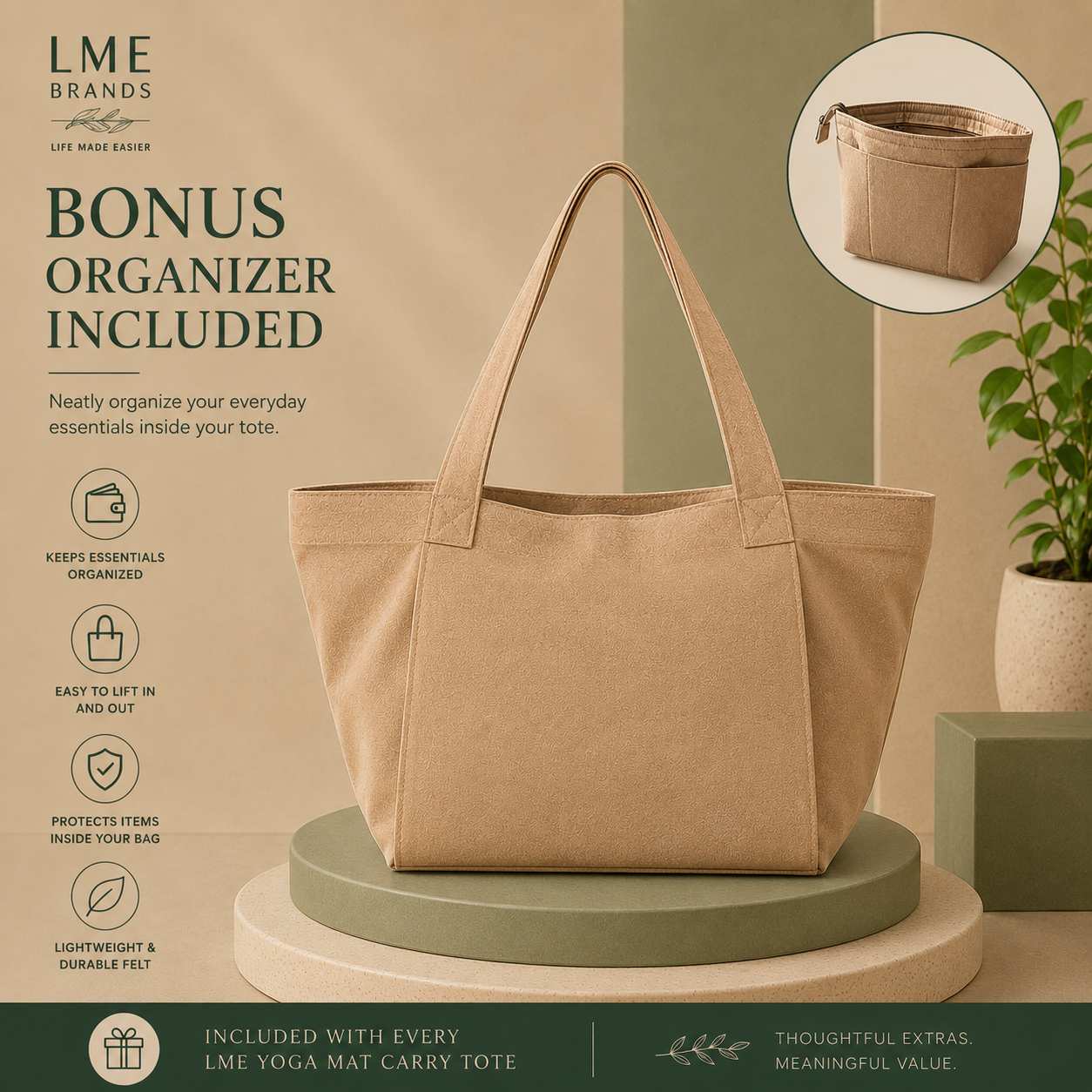 A beige canvas tote bag displayed on a round pedestal with promotional text for LME Brands and a small inset showing the bag organized inside a matching organizer pouch. A potted plant and green blocks are visible in the styled scene.