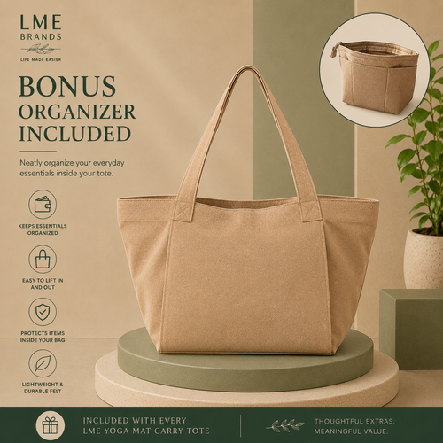 A beige canvas tote bag displayed on a round pedestal with promotional text for LME Brands and a small inset showing the bag organized inside a matching organizer pouch. A potted plant and green blocks are visible in the styled scene.