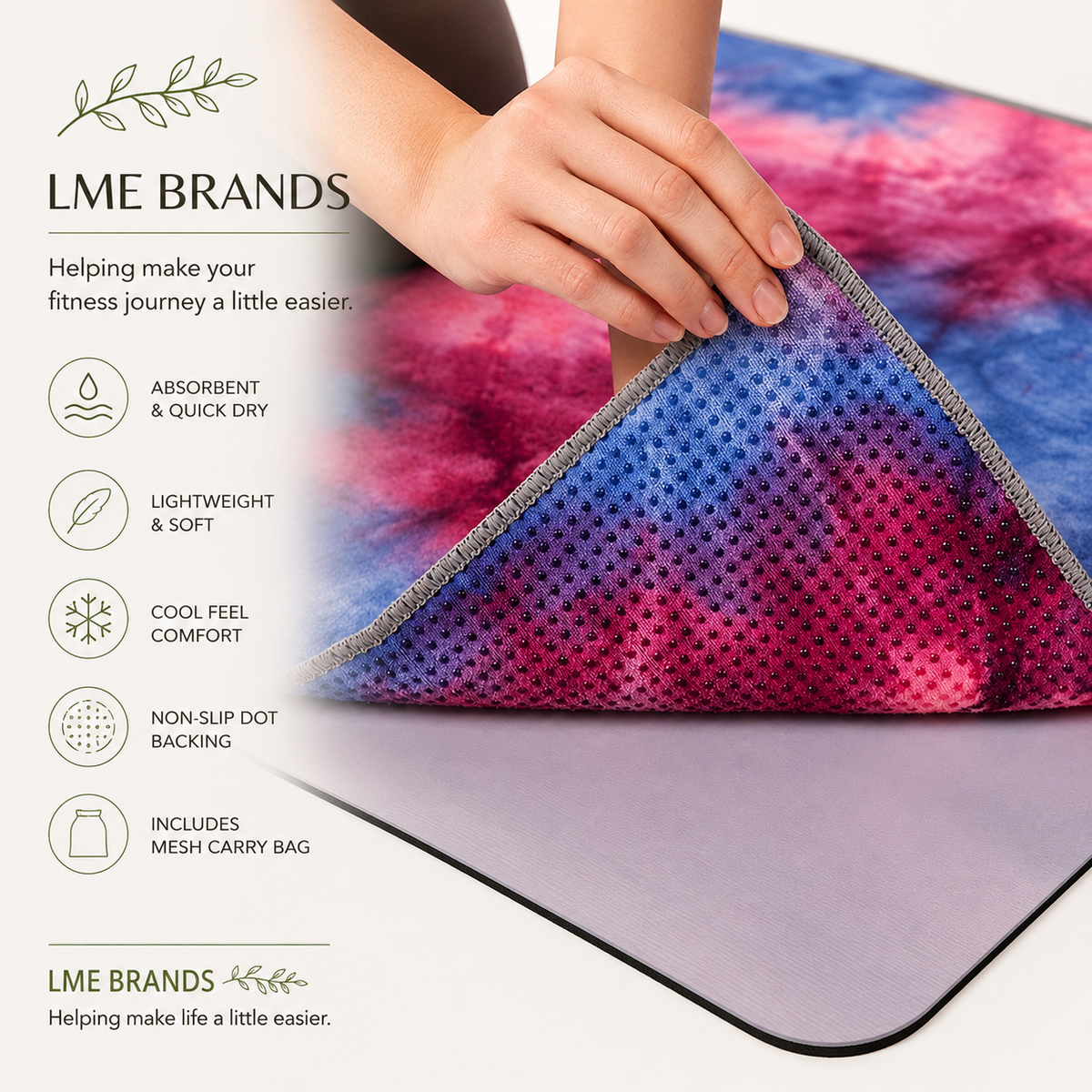 Tie-Dye Hot Yoga Mat Towel with Grip Dots — 72 × 25 Inch