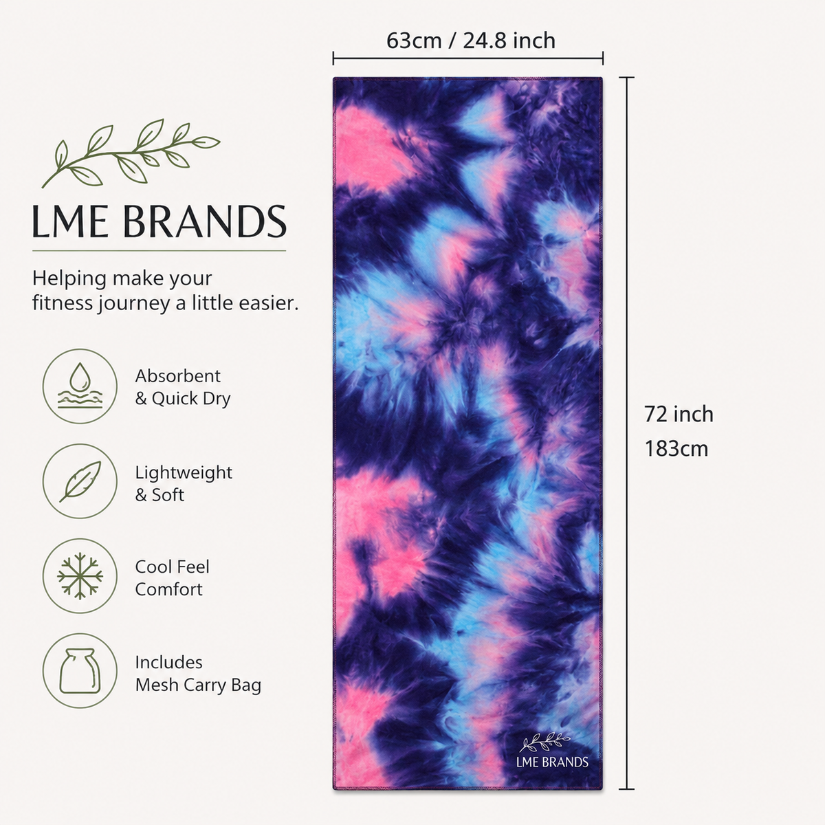 Tie-Dye Hot Yoga Mat Towel with Grip Dots — 72 × 25 Inch
