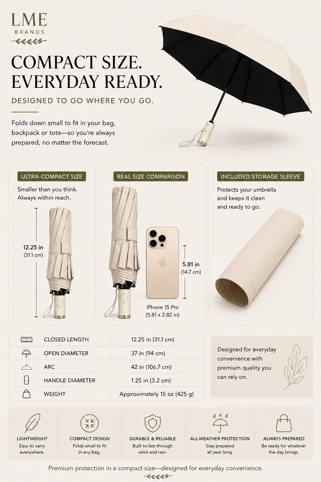 Everyday Carry Umbrella, Premium Folding Automatic