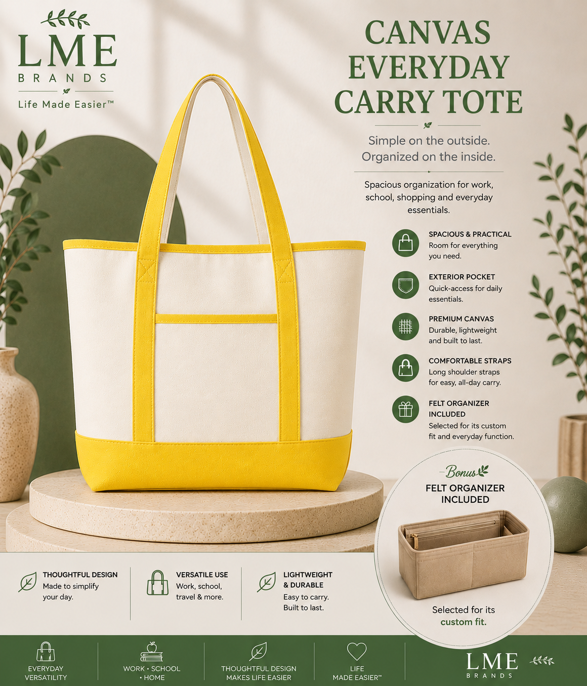 Canvas Everyday Carry Tote Bag + Zippered Organizer Bundle — Work to Studio Carry-All & Active Lifestyle Bag